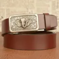 Men brown leather belt with metal elephant relief automatic buckle for casual daily wear main view. - 110cm / Coffee Silver Buckle