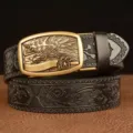 Men's leather belt with embossed floral pattern and gold eagle automatic buckle stylish. - Black Gold Eagle Buckle / 110cm