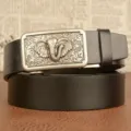 Men's leather belt with metal automatic buckle featuring a detailed elephant relief design. - 110cm / Black Silver Buckle