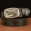 Men's leather belt automatic buckle embossed casual fashion retro style pants belt for men - Black Silver Eagle Buckle / 110cm