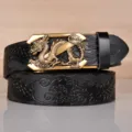 Men leather belt with gold dragon buckle embossed vintage automatic strap for jeans casual wear - 110cm / Black Bronze Buckle