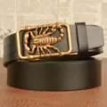 Men's leather belt with retro scorpion automatic buckle, stylish casual black strap. - 110cm / Black Bronze Buckle