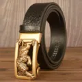 Men's automatic buckle leather belt with tiger design and stylish crocodile pattern. - Black Crocodile Tiger Gold Buckle / 120cm