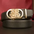 Men's genuine leather belt with automatic gold dragon fu buckle casual jeans accessory. - 110cm / Dragon Gold Buckle / Black