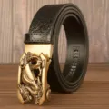 Men's automatic buckle leather belt with stylish dragon metal buckle and crocodile pattern. - Black Crocodile Dragon Gold Buckle / 120cm