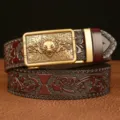Men's casual leather belt featuring embossed wolf head automatic buckle and floral pattern. - 110cm / Brown with Gold Wolf Buckle