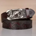 Men's genuine leather belt with metallic dragon buckle retro embossed casual style - 110cm / Coffee Silver Buckle