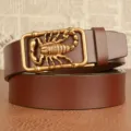 Men brown genuine leather belt with cool gold scorpion automatic buckle casual daily use - 110cm / Brown Bronze Buckle
