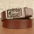 Mens brown leather belt with vintage metallic scorpion buckle casual business dress belt - 110cm / Brown Silver Buckle