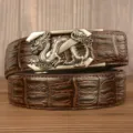 Mens vintage embossed cowhide leather belt with exquisite metal dragon automatic buckle. - Brown Crocodile Pattern Z Dragon Silver Buckle / 120cm
