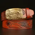 Vintage carved leather belt with eagle automatic buckle for men, casual jeans cowhide waist strap - 120cm / Khaki Eagle Gold Buckle