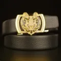 Men's automatic buckle cowhide leather belt featuring a luxury rhinestone tiger head design. - Black Gold Clasp