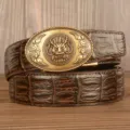 Men's Brown Crocodile Pattern Leather Belt with Retro Dragon Metal Buckle Casual Style - Coffee Crocodile Pattern Oval Dragon Head Gold Buckle / 120cm