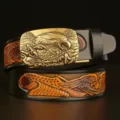 Men's vintage leather belt with embossed eagle buckle and stylish western cowhide design. - 120cm / Black Eagle Gold Buckle