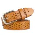 Brown genuine leather women belt with hollow floral pattern and pin buckle for casual wear. - Orange