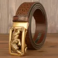 Men's brown crocodile pattern leather belt with golden tiger zodiac automatic metal buckle - Brown Crocodile Tiger Gold Buckle / 120cm