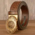 Men retro luxury dragon automatic buckle crocodile pattern genuine leather casual belt - 120cm / Brown Crocodile Pattern Gold Dragon Buckle