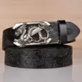 Men's leather belt with embossed dragon pattern and metal automatic buckle for jeans. - 110cm / Black Silver Buckle
