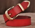 Red leather belt for women with gold-colored metal buckle and tip, stylish and versatile. - Red / 105cm