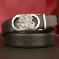 Men's black leather belt with automatic buckle featuring a stylish dragon and lucky fu design. - 110cm / Dragon Silver Buckle / Black