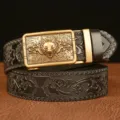 Men's fashion casual leather belt with embossed wolf head automatic buckle and floral pattern. - 110cm / Black with Gold Wolf Buckle