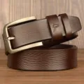 Brown leather belt, men casual pin buckle cowhide belt with bull logo, stylish jeans strap. - 120cm / Coffee