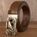Men's Brown Crocodile Pattern Leather Belt Automatic Buckle Retro Dragon Design - Brown Crocodile Dragon Silver Buckle / 120cm
