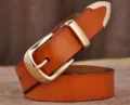 Women brown leather belt with gold metal buckle and tip, classic vintage style accessory. - Brown / 105cm