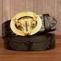 Luxury rhinestone bull buckle genuine leather belt for men, stylish casual trousers belt. - Black Carved Bull Head with Gold Rhinestone Buckle