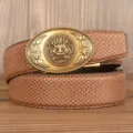 Men vintage automatic buckle cowhide leather belt with dragon head brass buckle casual business. - Brown Snakeskin Pattern Oval Dragon Head Gold Buckle / 120cm