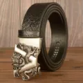 Herren Ledergürtel Schwarz Kroko Muster Vintage Drachen Automatik Schließe Modisch - Schwarz Amerikanisches Krokodil V-Drache Silberne Schnalle / 110cm