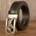 Men's Black Crocodile Pattern Genuine Leather Belt with Silver Tiger Zodiac Automatic Buckle - Black Crocodile Tiger Silver Buckle / 120cm