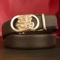 Men automatic cowhide leather belt with dragon and fu buckle casual luxury business style - 110cm / Dragon Gold Buckle / Coffee