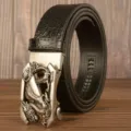 Men's automatic buckle leather belt with crocodile pattern and stylish dragon metal buckle. - Black Crocodile Dragon Silver Buckle / 120cm