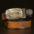 Retro embossed cowhide leather belt with metallic eagle automatic buckle for casual jeans. - 120cm / Black Eagle Silver Buckle