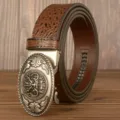 Men's brown crocodile pattern leather belt with vintage metal automatic dragon buckle stylish. - 120cm / Brown Crocodile Pattern Silver Dragon Buckle