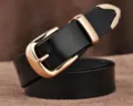 Black leather belt with gold metal buckle, stylish classic accessory for women and jeans. - Black / 105cm