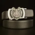 Men's genuine leather belt with dazzling rhinestone tiger head automatic buckle fashion. - 110cm / Black Silver Clasp