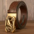 Men's brown crocodile pattern leather belt with gold dragon automatic buckle variant - Brown Crocodile Dragon Gold Buckle / 120cm