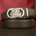 Brown leather belt for men with silver dragon automatic buckle, stylish casual waist belt. - 110cm / Dragon Silver Buckle / Coffee