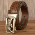 Men's automatic buckle leather belt featuring a stylish crocodile pattern and tiger buckle. - Brown Crocodile Tiger Silver Buckle / 120cm