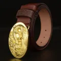Men's genuine leather belt with gold dragon buckle, stylish casual dragon embossed waistbelt. - Reddish Brown
