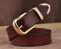Classic dark brown leather women belt with shiny gold metal buckle for jeans and daily wear - Brown