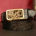 Men's fashion business leather belt with metallic gold dragon automatic buckle and embossed strap. - 110cm / Black Double Dragon Gold Buckle