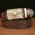 Men's automatic buckle leather belt with wolf head and carved floral pattern wine red - 120cm / Brown with Antique Silver Wolf Buckle