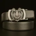 Men luxury leather belt with sparkling rhinestone tiger head automatic buckle fashion accessory - 110cm / Black with Black Clasp