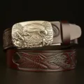 Men vintage cowhide leather belt with cool eagle auto buckle casual jeans embossed strap - 120cm / Brown Eagle Silver Buckle