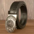 Men's stylish automatic buckle leather belt featuring a retro crocodile pattern and dragon. - 120cm / Black Crocodile Pattern Silver Dragon Buckle