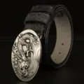 Men's embossed dragon leather belt, black strap with silver metal buckle design style. - Black / 120cm