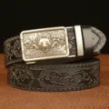 Men's automatic buckle leather belt with wolf head and embossed floral pattern design variant - 120cm / Black with Antique Silver Wolf Buckle